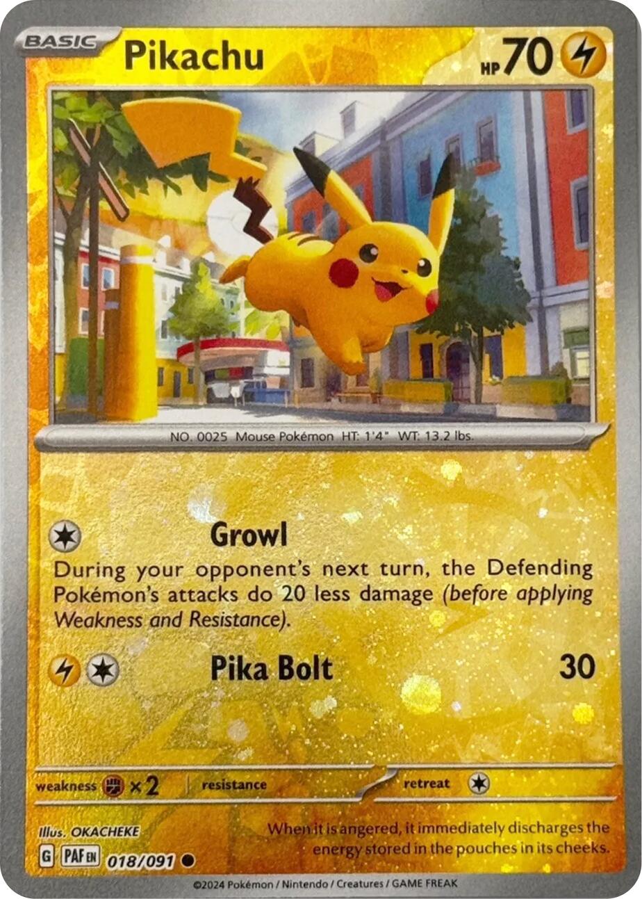 Pikachu (018/091) (Reverse Cosmos Holo) [Scarlet & Violet: Paldean Fates] | Card Citadel