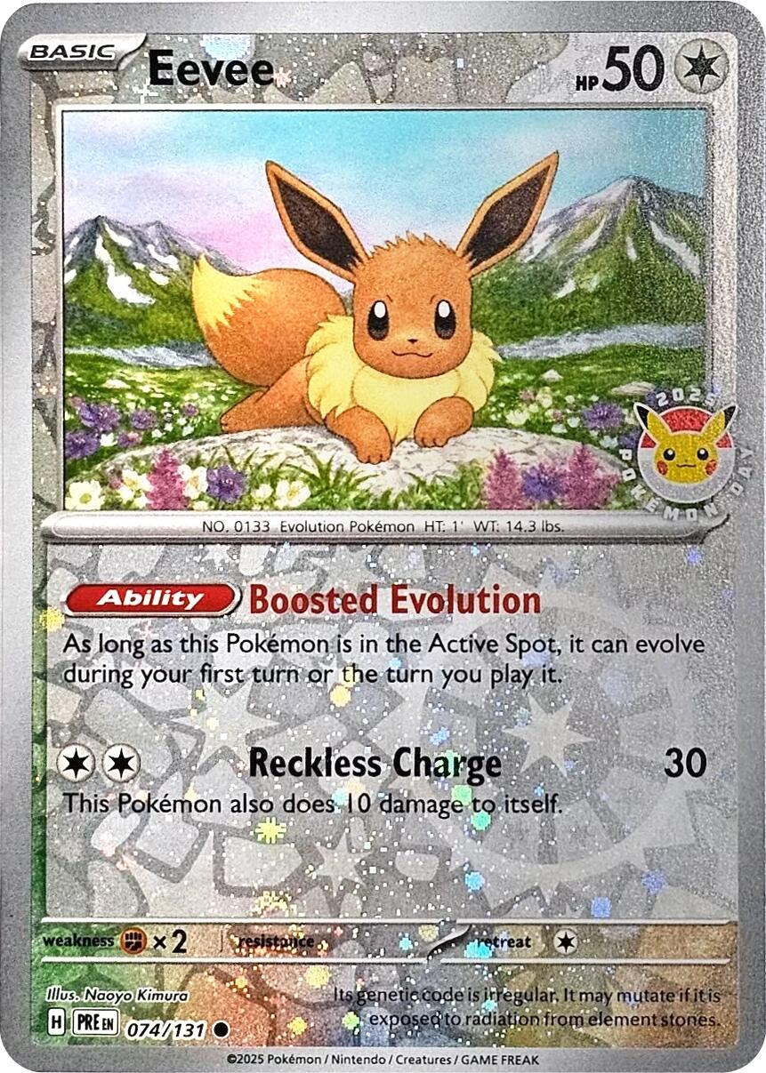 Eevee (074/131) (Pokemon Day 2025) (Reverse Cosmos Holo) [Scarlet & Violet: Prismatic Evolutions] | Card Citadel