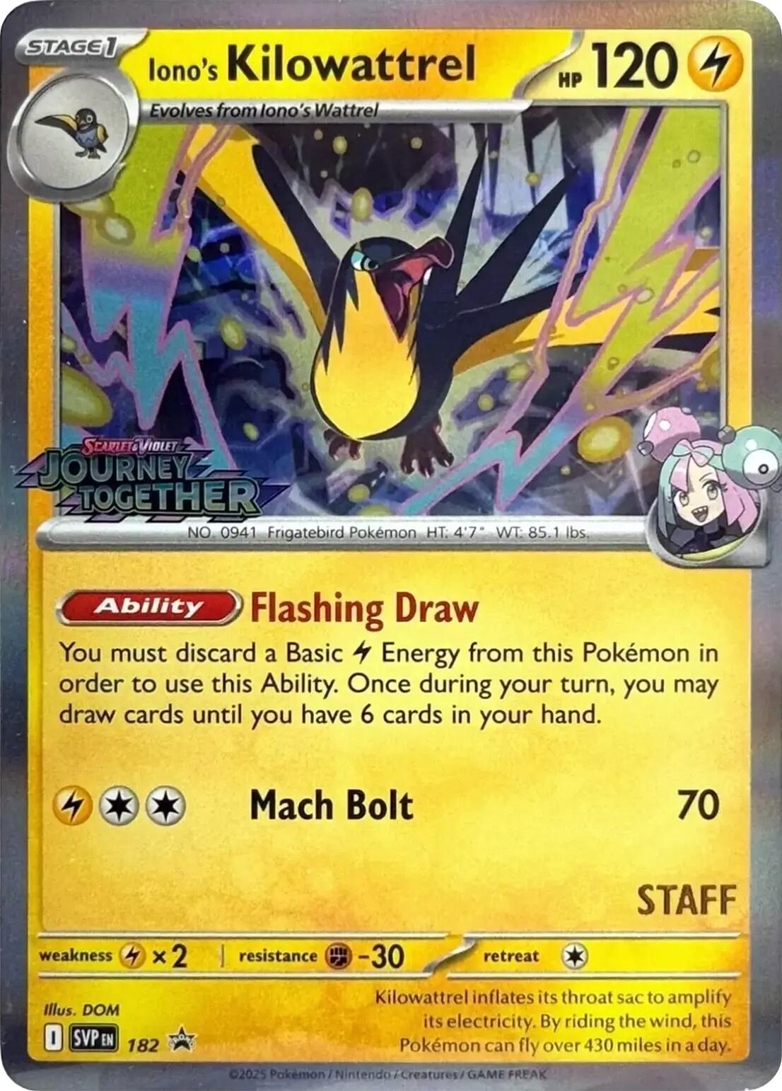 Iono's Kilowattrel (182) (Prerelease Staff) [Scarlet & Violet: Black Star Promos] | Card Citadel