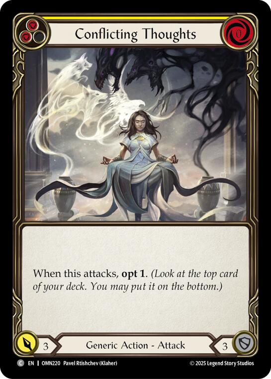 Conflicting Thoughts (Yellow) [OMN220] (Omens of the Third Age)  Rainbow Foil | Card Citadel