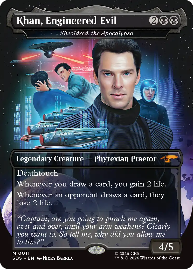 Khan, Engineered Evil - Sheoldred, the Apocalypse (Borderless) [Star Trek: Stardates] | Card Citadel