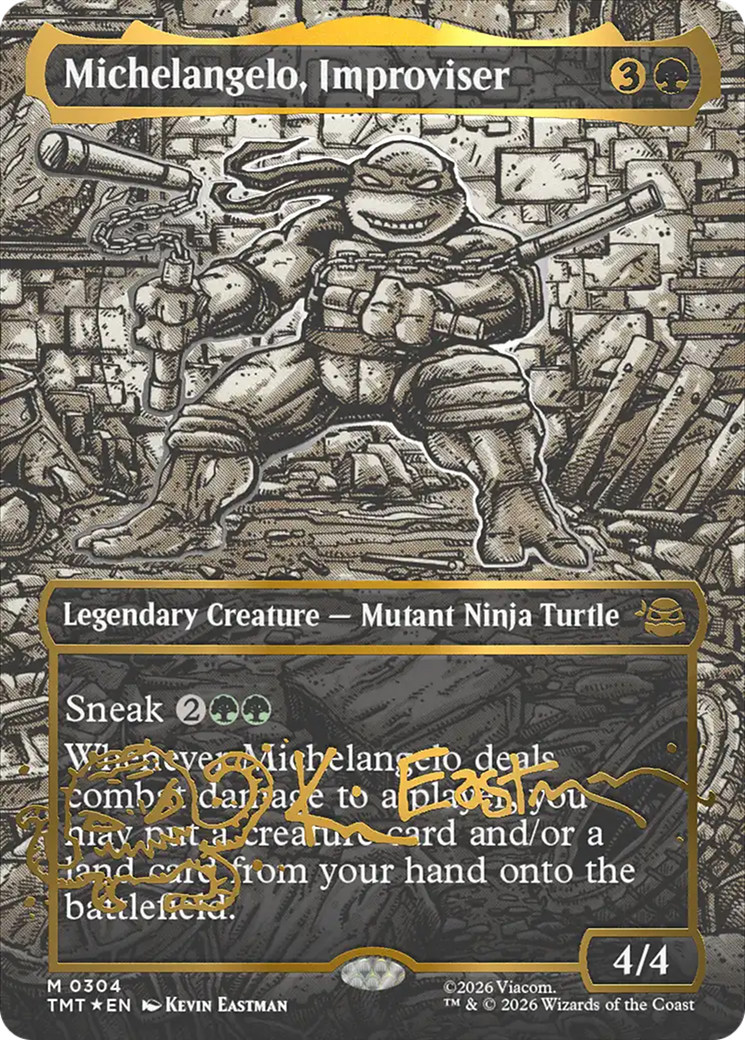 Michelangelo, Improviser (Borderless) (Gold-Stamped Signature) [Teenage Mutant Ninja Turtles] | Card Citadel
