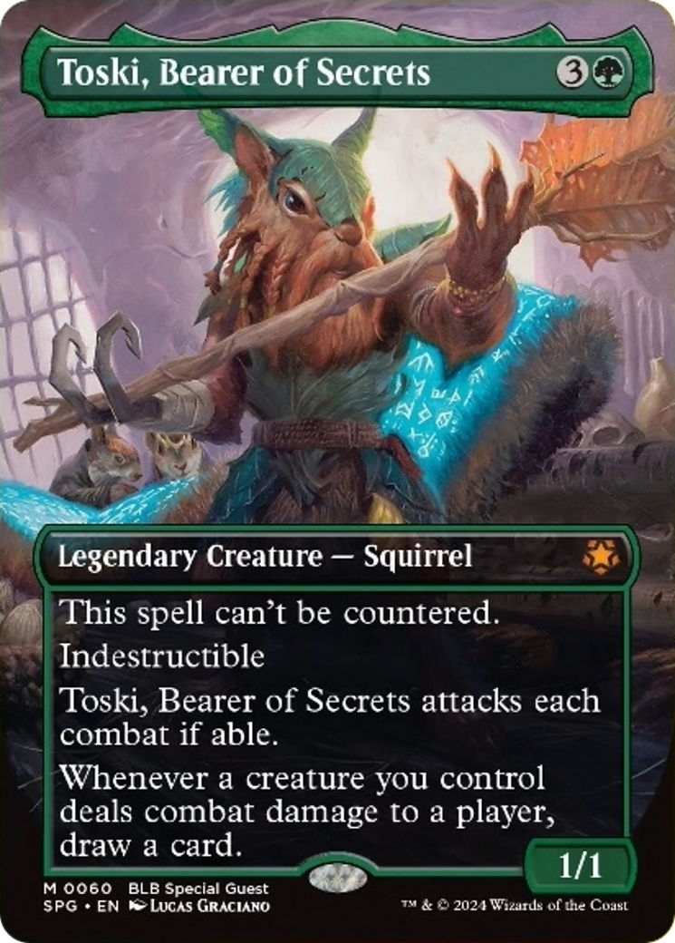 Toski, Bearer of Secrets (Borderless) [Bloomburrow Special Guests] | Card Citadel