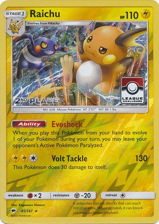 Raichu (41/147) (League Promo 2nd Place) [Sun & Moon: Burning Shadows] | Card Citadel