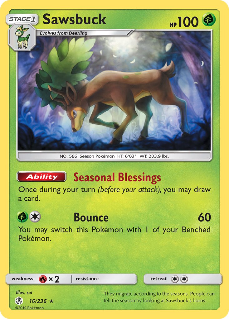 Sawsbuck (16/236) (Prerelease Kit Exclusive) (Theme Deck Exclusive) [Sun & Moon: Cosmic Eclipse] | Card Citadel