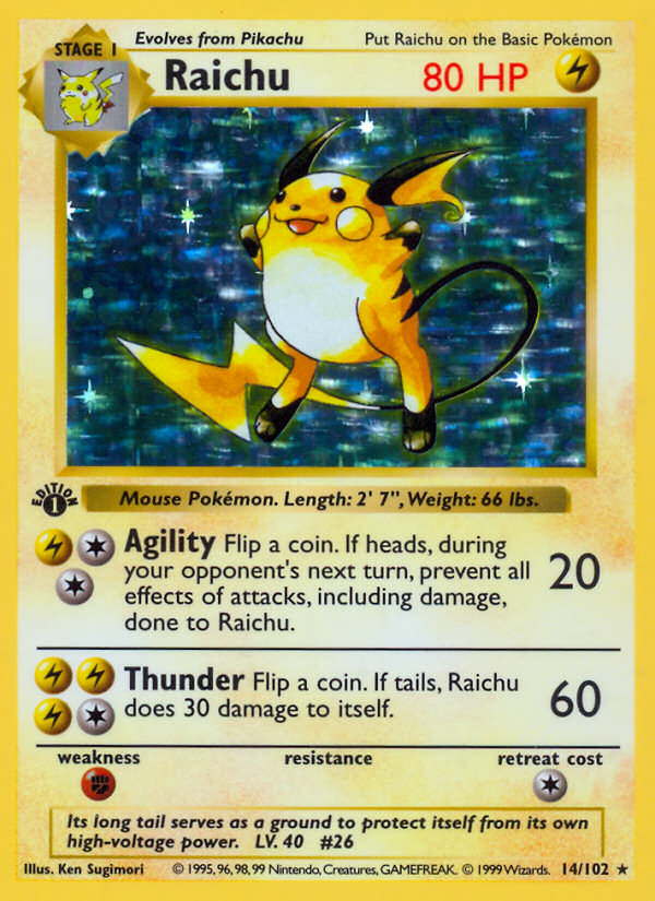 Raichu (14/102) (Shadowless) [Base Set 1st Edition] | Card Citadel