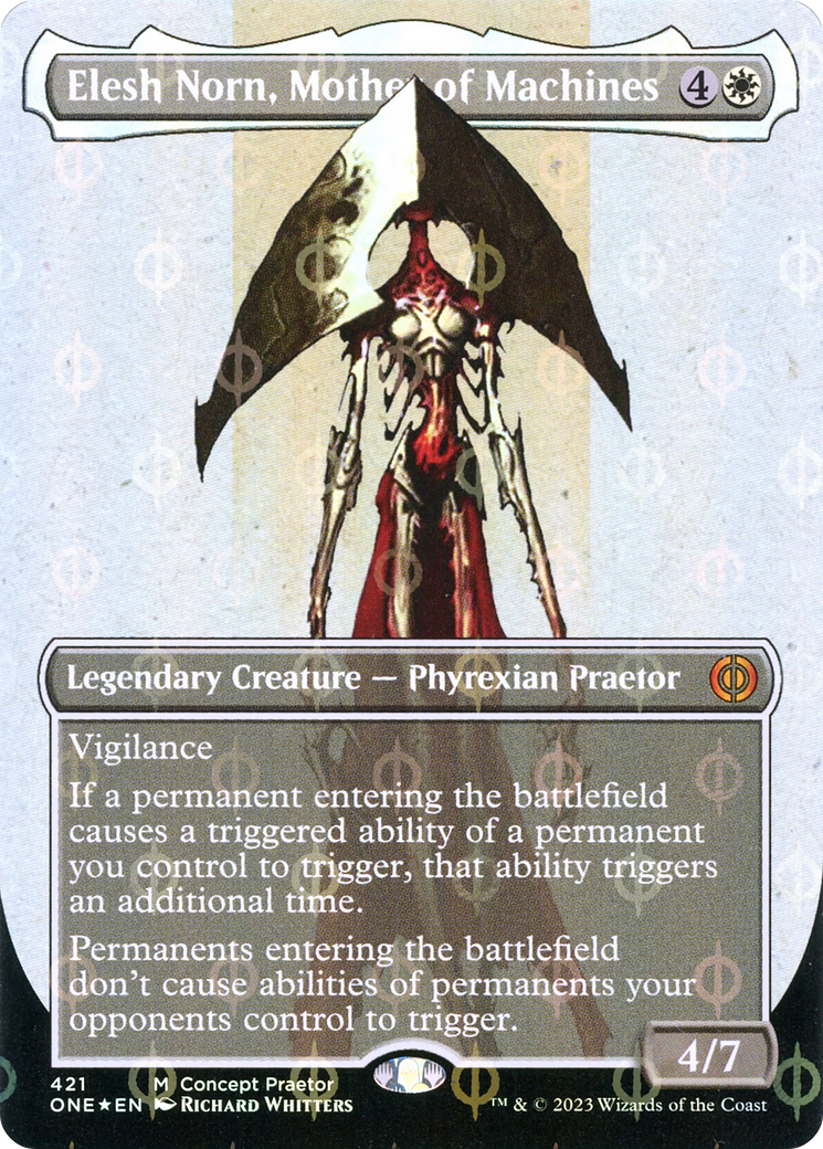 Elesh Norn, Mother of Machines (Borderless Concept Praetors Step-and-Compleat Foil) [Phyrexia: All Will Be One] | Card Citadel
