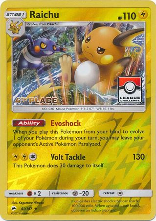 Raichu (41/147) (League Promo 4th Place) [Sun & Moon: Burning Shadows] | Card Citadel