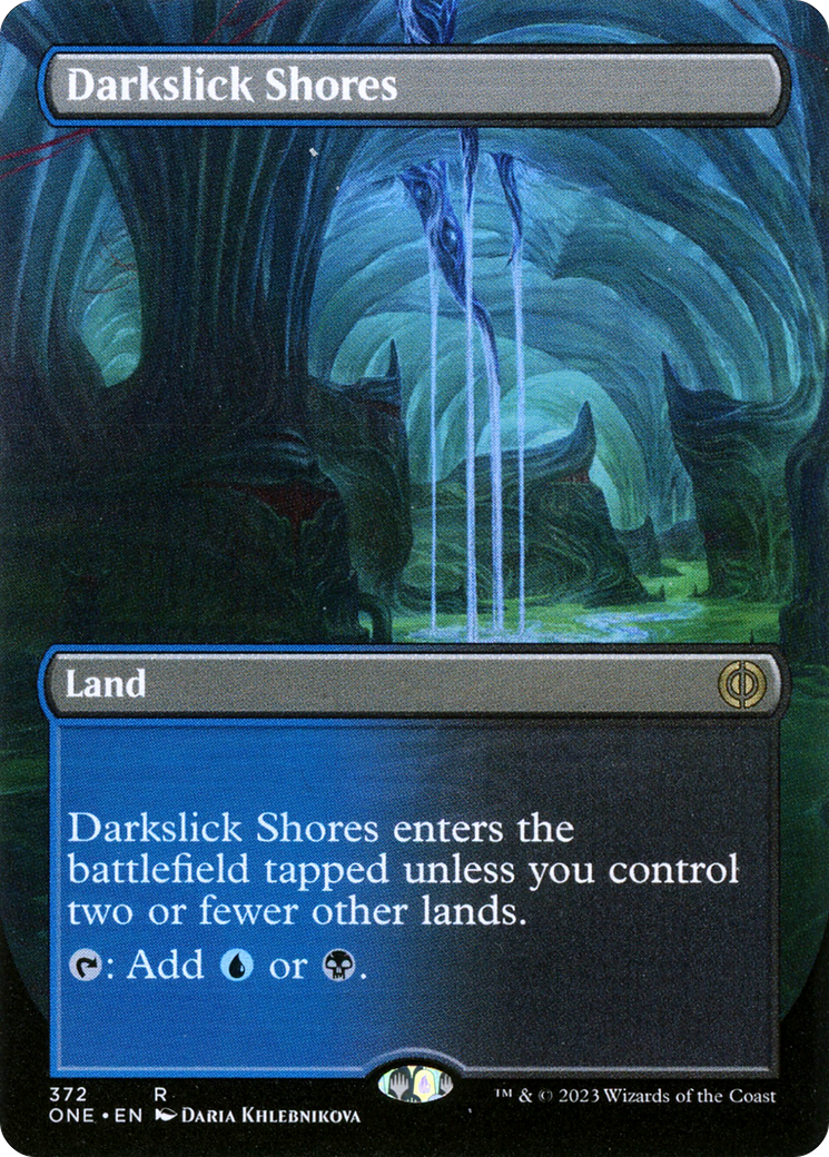 Darkslick Shores (Borderless Alternate Art) [Phyrexia: All Will Be One] | Card Citadel