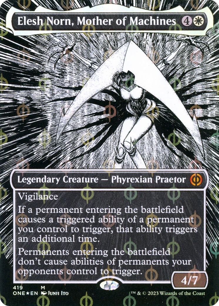 Elesh Norn, Mother of Machines (Borderless Manga Step-and-Compleat Foil) [Phyrexia: All Will Be One] | Card Citadel