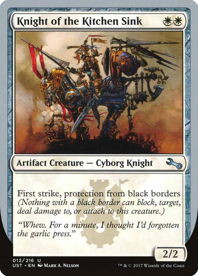 Knight of the Kitchen Sink ("protection from black border") [Unstable] | Card Citadel